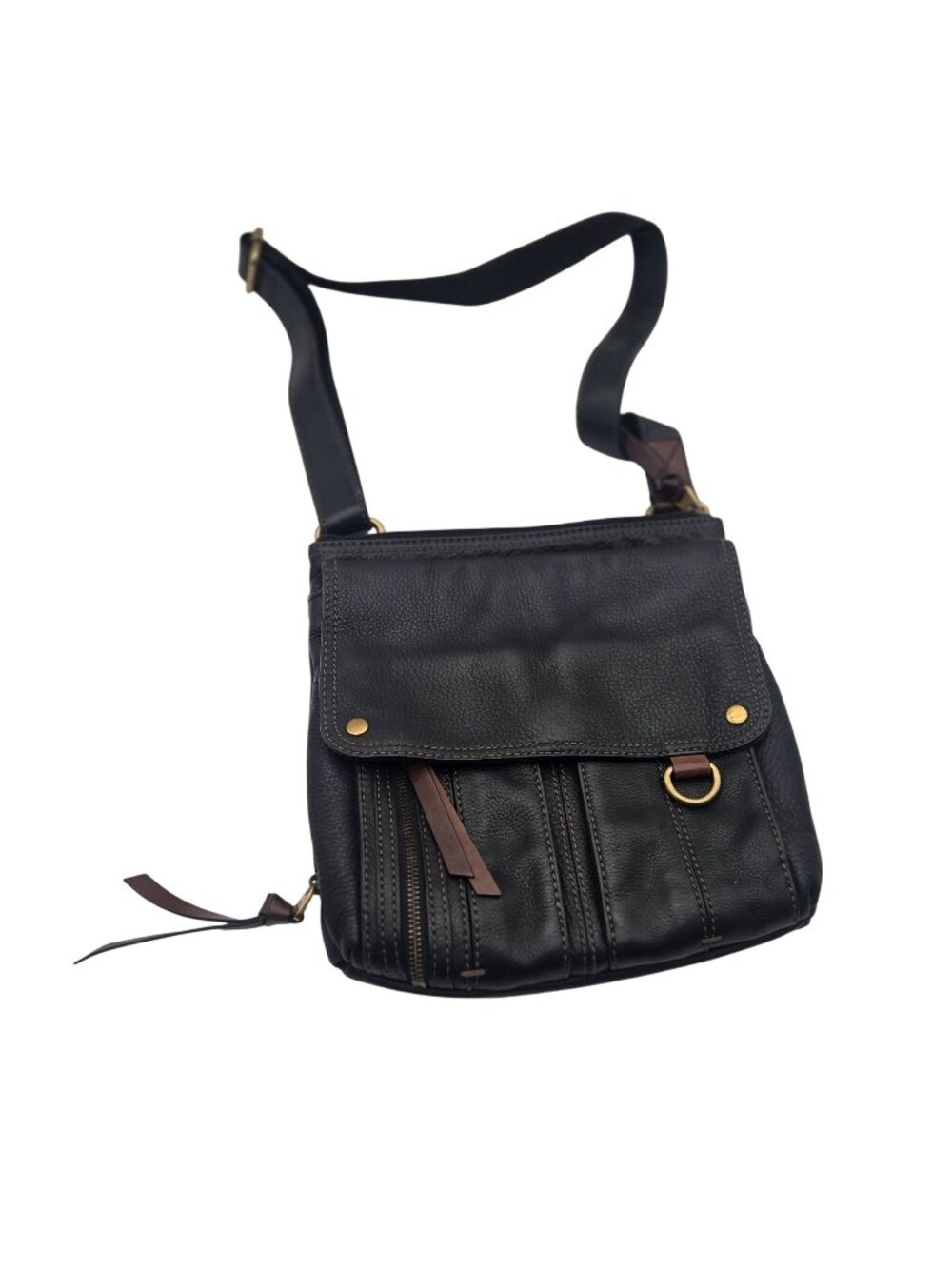 Fossil Black Leather Crossbody Bag Adjustable Strap Multiple Compartments